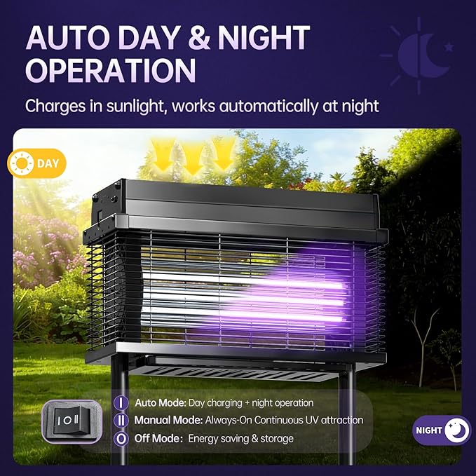 Solar Bug Zapper Outdoor, 4000 SQ.FT Mosquito Zapper with Smart Rain Off Rechargeable Mosquito Killer Lamp, Wireless Solar Powered Fly Trap for Yard Patio RV Camping