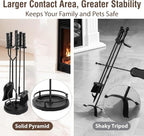 AMAGABELI Garden & Home 5 Pieces Fireplace Tools Sets Wrought Iron Indoor Fireplace Set with Poker Tongs Broom Shovel Stand Fire Tools Outdoor Fire Place Fire Pit Hearth Accessories Sets Black