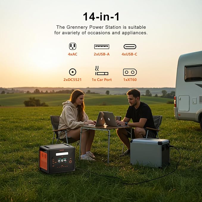 Greenery Portable Power Station, 2500W/2304Wh Large Capacity Solar Generator with Foldable Cart, Fast Charging Emergency Power Backup Solar Powered Generator for Camping RV/Van Road Trip Home Outage