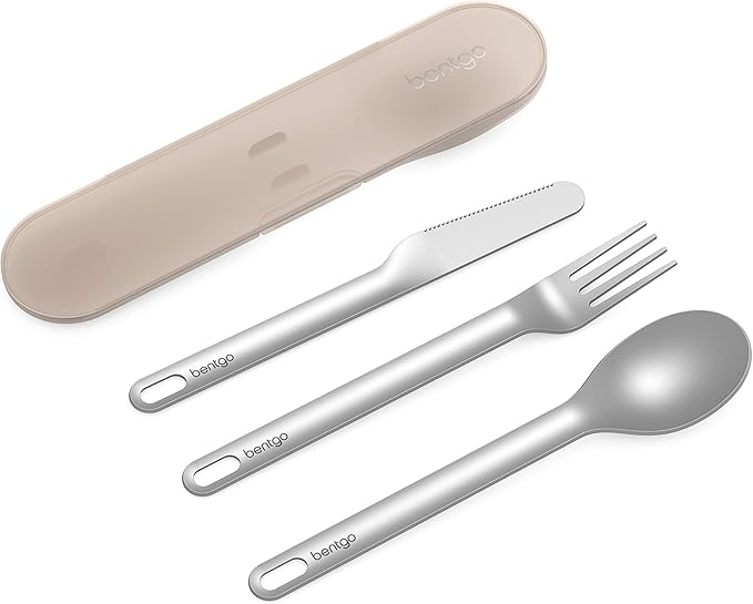 Bentgo Stainless Travel Utensil Set - Reusable 3-Piece Silverware Set with Carrying Case, High-Grade Premium Steel, BPA-Free Case, Eco-Friendly - Ideal for Travel, Camping, and Office Use (Sand)