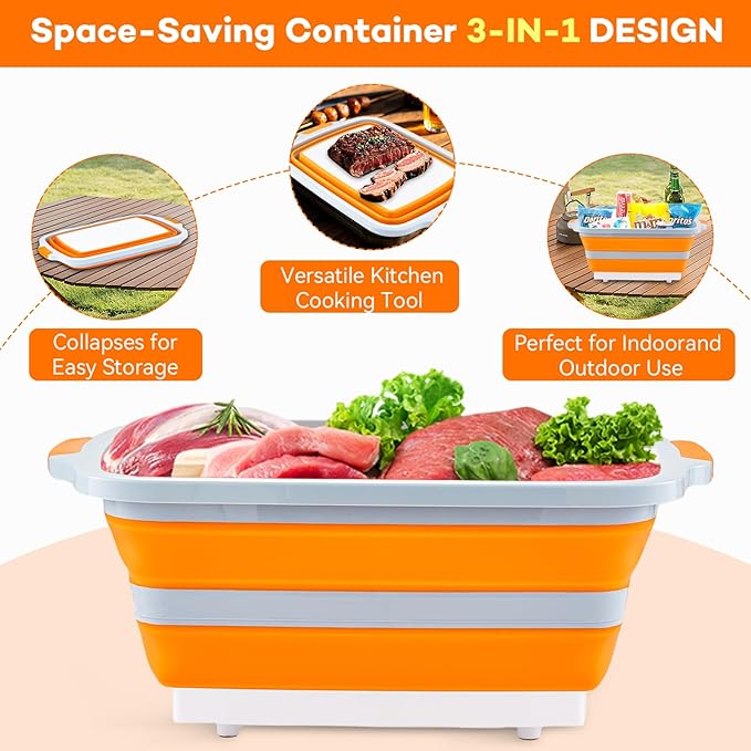 Collapsible BBQ Prep Tub with Cutting Board & Lid, Folding Food Container BPA-Free Heavy-Duty, Dishwasher Safe, Upgraded Drain Hole - for Camping, Grilling Outdoor Cooking (Orange, XX-Large)
