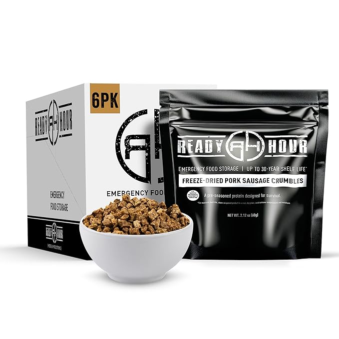 Ready Hour Freeze-Dried Pork Sausage Crumbles Case Pack, 6 Pouches, 12 Servings, USDA Inspected Pork, Shelf Stable Real Meat for Emergency Protein, Survival Food Bulk Meat Pack