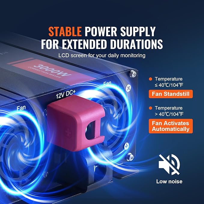 VEVOR Modified Sine Wave Inverter, 3000Watt, DC 12V to AC 120V LCD Display Power Inverter with 3 AC Outlets 2 USB Port 1 Type-C Port 10 Spare Fuses, for Large Household Equipment, CE FCC Certified