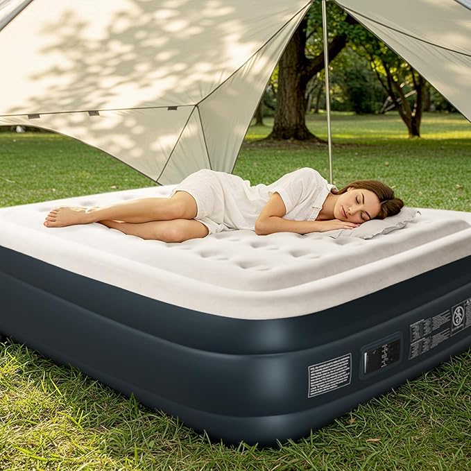 Outvita 18in Queen Air Mattress with Built-in Pump, Quick Assembly Comfort Luxury Blow Up Air Bed Self-Inflation/Deflation - Breathable and Flatness-Free for Guests and Home, Camping, Travel