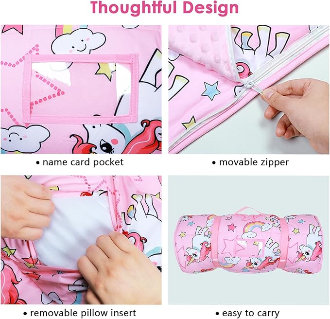 Kids Nap Mat Portable Slumber Bags with Removable Pillow and Blanket for Girls Boys, Lightweight Extra Large Sleeping Bag for Preschool Camping Daycare
