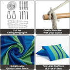 Hammock Chair Hanging Swing Include 2 Cushions and Hardware Kits, Max 330Lbs, XL Hanging Chair for Indoor Outdoor Patio Yard - Blue & Green Stripe