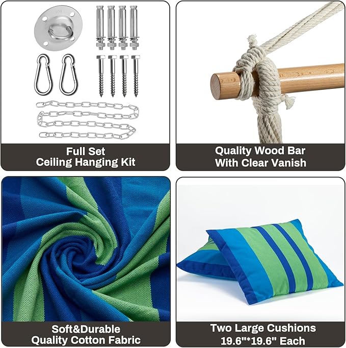 Hammock Chair Hanging Swing Include 2 Cushions and Hardware Kits, Max 330Lbs, XL Hanging Chair for Indoor Outdoor Patio Yard - Blue & Green Stripe