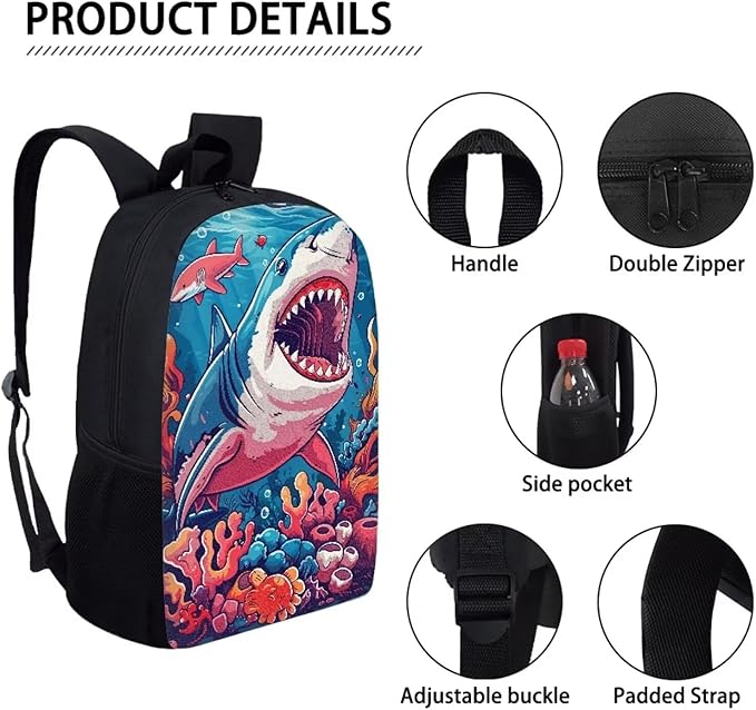 3PCS Cartoon Seaweed Shark Backpack for Boys 17 Inch Large Capacity Boys Bookbag 10-12 Years Old Lightweight Teens School Bag with Lunch Bag for School Travel Hiking Daypack