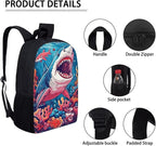 3PCS Cartoon Seaweed Shark Backpack for Boys 17 Inch Large Capacity Boys Bookbag 10-12 Years Old Lightweight Teens School Bag with Lunch Bag for School Travel Hiking Daypack
