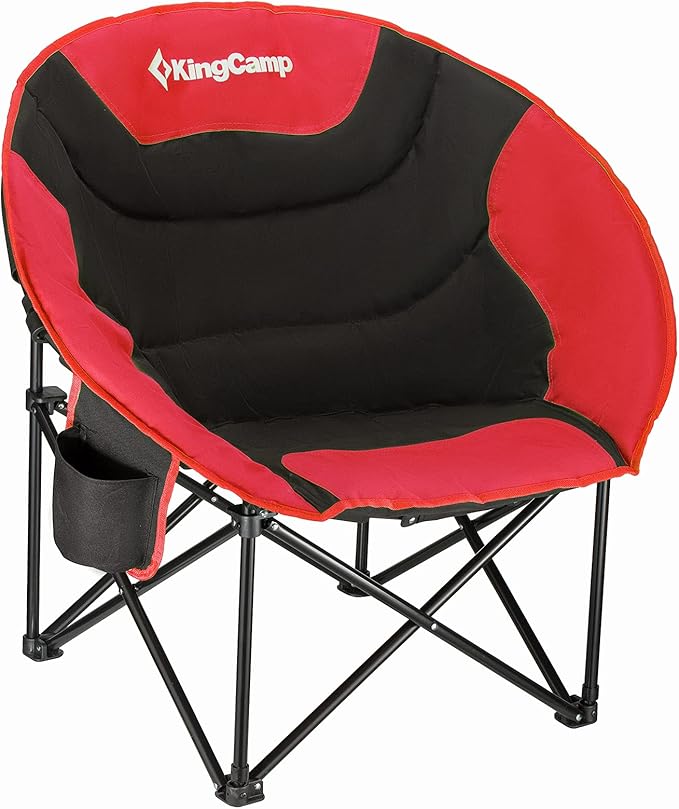 KingCamp Foldable Saucer Moon Lounge Chair with Cupholder Storage Pocket for Indoor Home or Outdoor Camping and Tailgating Use, Black/Red
