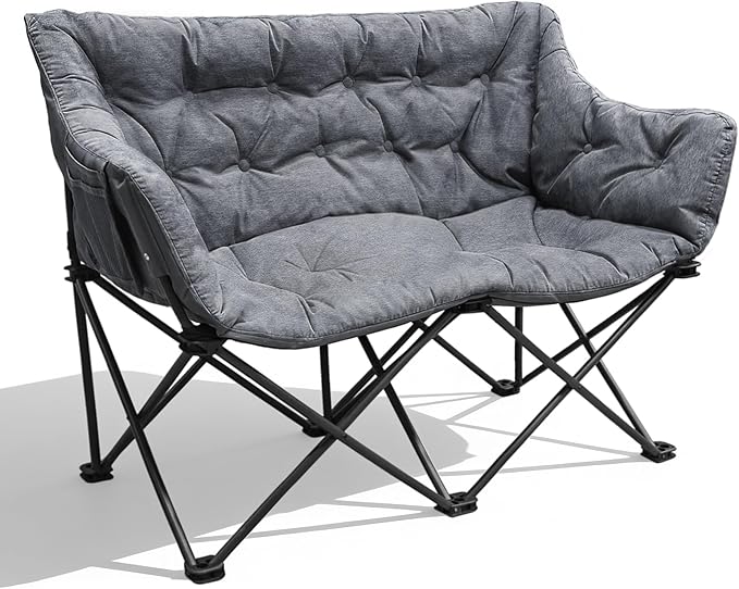 Double Camping Chair Heavy Duty Oversized Padded Loveseat for Adults 2 Person Outdoor Portable Camping Chairs for Lawn, Backyard, Fishing, Trip, Support 600lbs, Grey