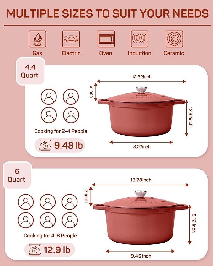 Enameled Cast Iron Dutch Oven – 6 Quart Pot with Lid & Potholders – Heavy-Duty Cookware for Bread Baking, Braising, Stews & Roasting – Oven & Stovetop Safe up to 500°F – Red