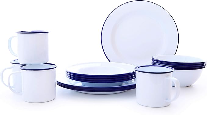 Enamelware Starter Set, 16 piece, Vintage White/Blue