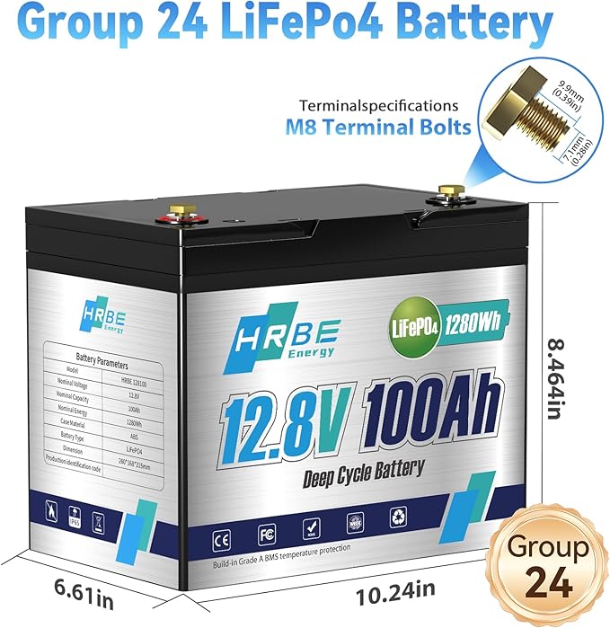 12.8V 100Ah LiFePO4 Deep Cycle Battery, 8000+ Cycles 1280Wh, Built-in 100A BMS, Replace AGM/Lead Acid for RV, Solar System, Boat, Marine, Trolling Motor, Camping