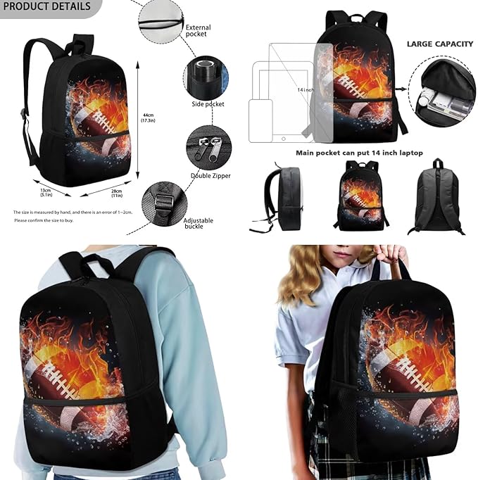 Rnyleeg Fire American Football Backpack for Boys with Lunch Box Novelty Elementary School Bag Set Lightweight Bookbag Set of 3 for Kids Back to School Gifts