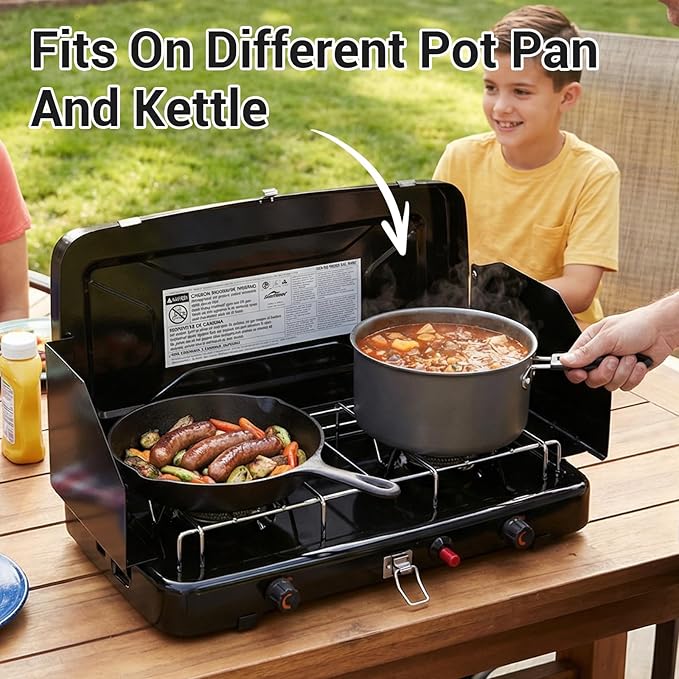 Camping Stove, 2 Burners Propane Portable Camp Stove with Regulator, Push-Button Instant Ignition, Adjustable Burners & Wind Guards for Car BBQ Picnics Outdoor Cooking
