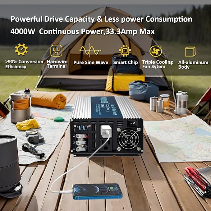 WZRELB 4000W Pure Sine Wave Inverter 48V DC to 110V 120V AC Power Converter with LED Display, Hardwire Terminal,Off-Grid Portable Power Inverter with Dual AC Outlets for Home, RV, Truck, Camping