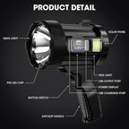 Rechargeable Spotlight, 99,000 Lumens Super Bright Handheld Led Flashlight, Outdoor Spot Light with Cob Light and Solar Panelsfor Boating Camping