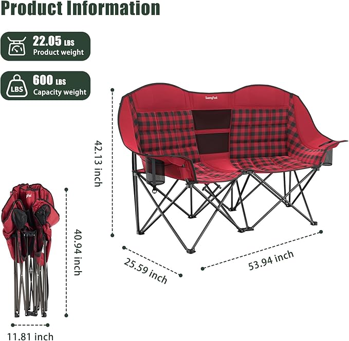 SUNNYFEEL Double Camping Chair Portable Folding Loveseat for 2 Adults Heavy Duty Oversized Camping Couch 600 lbs with Cup Holders & Storage for Outdoor Camping, Beach, Lawn, Patio RV & Indoor Use Red