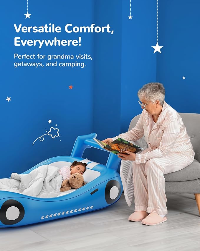 QPAU Blow up Inflatable Toddler Travel Bed with Sides, Toddler Air Mattress for Camping, Traveling, Hotel, or Home Use, Hand Pump Included (Blue)