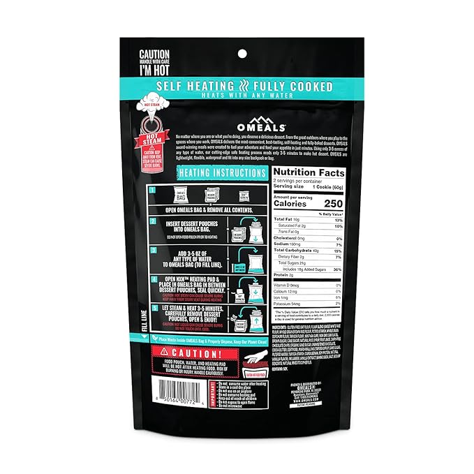 OMEALS S’Mores Cookie Good to Go Meals - Self Heating Emergency Food Supplies, Fully Cooked Backpacking Meals and Camp Food with Extended Shelf Life - USA - 6 Pack