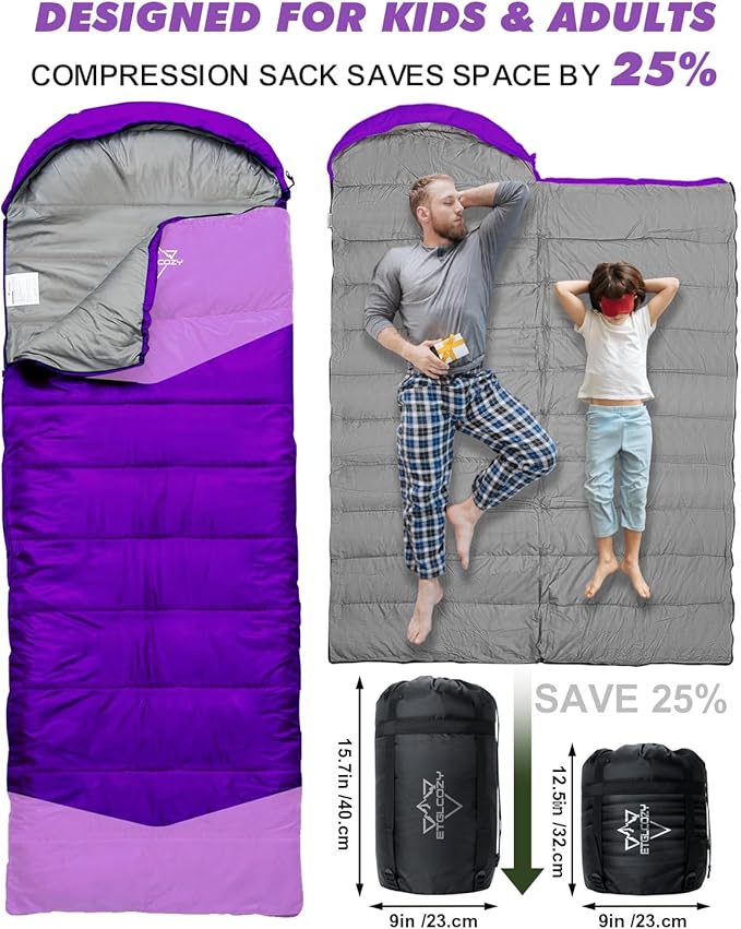 Single Sleeping Bag for Adults Kids 3-Season, Lightweight Waterproof Ripstop, Dual Zipper Bottom Vent, Compression Sack, Portable Camping Hiking Backpacking Gear