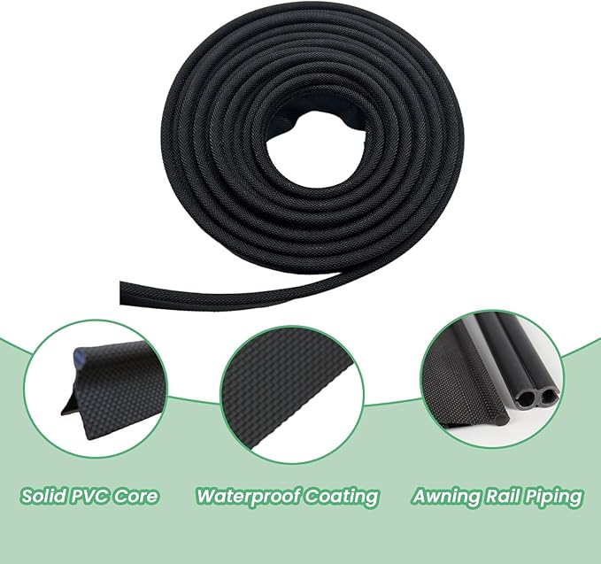 5.4 Yards Awning Rail Piping, Black Awning Rail Insert with Solid PVC Core, 6mm Double Flap Awning Tent Piping Insert for RV Camping Caravan Camping Tent Accessories