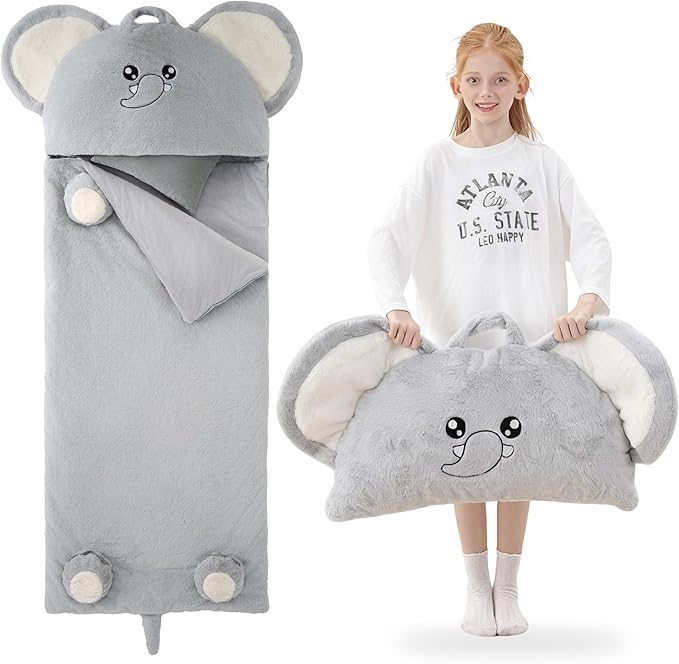 70" 4.2lbs Elephant Thickened Kids Nap Mat for Preschool, Daycare,Kindergarten,Soft Washable for Boys and Girls, 2-in-1 Stuffed Animals Sleeping Bag and Pillow, Sleep Sack for Toddlers