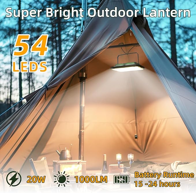 Camping Lantern Rechargeable Camping Lights 20W,1000LM, 6 Modes, Waterproof Camping Essentials with 4 Magnetic Bases, for Emergency, Power Outages, Tent, Hiking, Car Repair, Fishing
