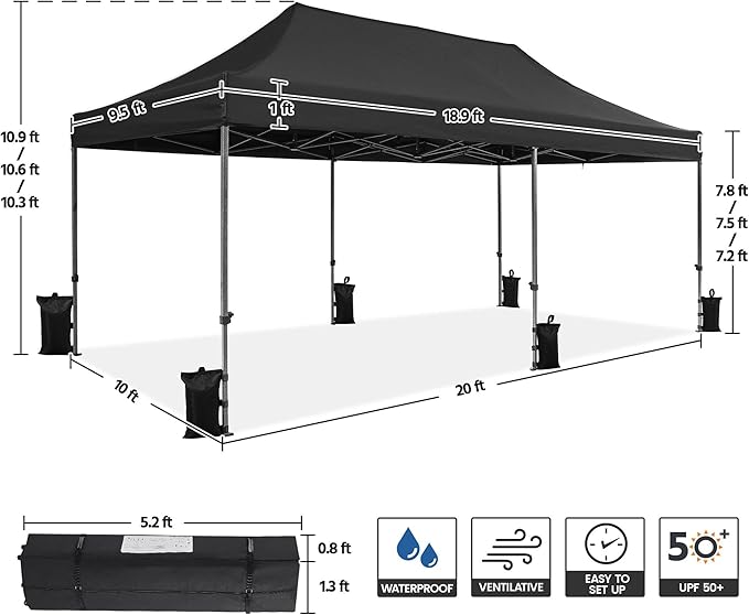 Yaheetech Heavy Duty Pop Up Canopy Tent, 10x20 Commercial Instant Shelter Tent for Wedding, Parties, Adjustable Outdoor Canopy with Wheeled Carry Bag, 6 Sandbags & 10 Stakes, Black