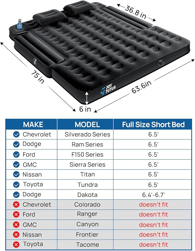 JOYTUTUS Truck Bed Air Mattress for 6.4-6.7Ft, Full Size Regular Beds for Pickup Outdoor Camping, Truck Tent Accessories with Carry Bag & Cup Holder & Cavity Design, Black
