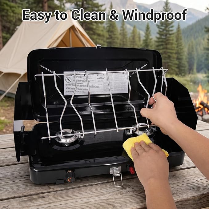 Camping Stove, 2 Burners Propane Portable Camp Stove with Regulator, Push-Button Instant Ignition, Adjustable Burners & Wind Guards for Car BBQ Picnics Outdoor Cooking