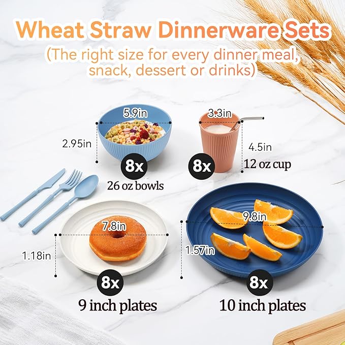 Wheat Straw Dinnerware Sets,64-Piece Plates and Bowls Sets for 8-Unbreakable,Reusable Plastic Dish Set-Dinner Plate/Dessert Plate/Cereal Bowl/Cup/Utensils-Microwave Dishwasher Safe 64P-Seaside color