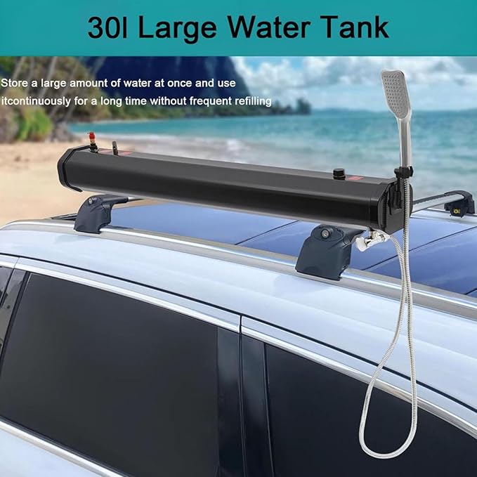 Multi-Function Solar Shower Tank Outdoor - Roof Rack/Vehicle Mountable Portable Water Reservoir for Camping, Overland Expeditions, Car Washing & Outdoor Activities 30L