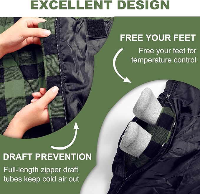 XL Queen Size 2 Person Double Sleeping Bag for Adults, Lightweight Compact with Flannel Liner & Thermolock Draft Tube, Machine Washable All Season Camping Travel