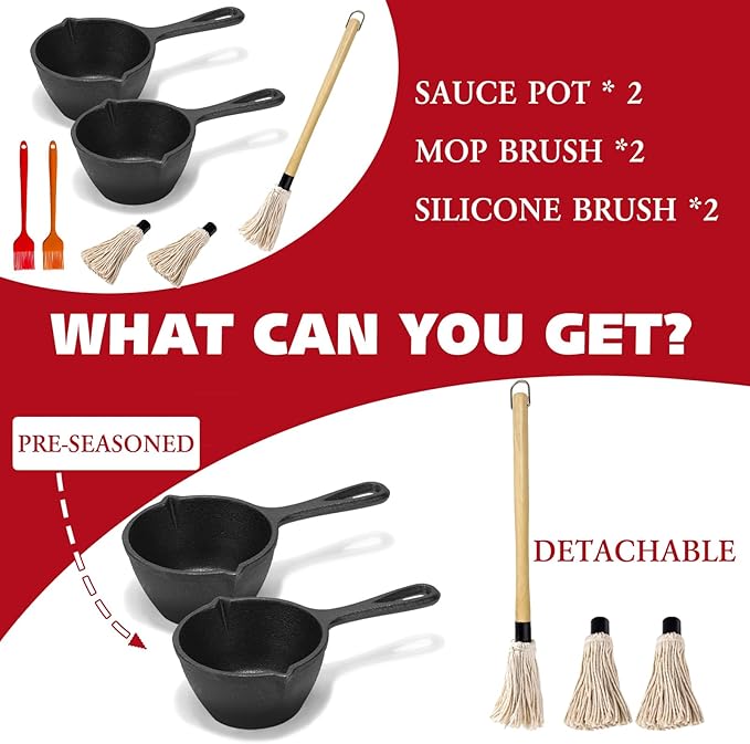 Cast Iron Basting Pot and Sauce Pan Set – Small Cast Iron Melting Pot for Butter, Sauces, Garlic – Perfect for Grilling, Camping, Kitchen & Outdoor Stove Use – Premium BBQ Accessories