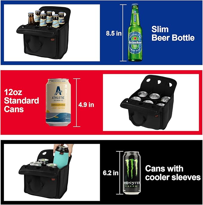 Desing Wish Portable Drinks Tote Bag for 6 PCS Beverage Cans/Bottles, Neoprene Insulated Drinks Can Bottle Carrier Tote Beverages Cans Cooler Bag Holder for Camping, Picnic, Party (Black)