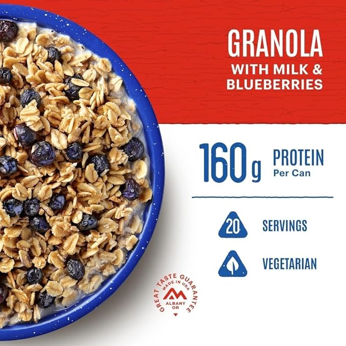 Mountain House Freeze-Dried Granola with Milk & Blueberries #10 Can – 120 Total Servings (6 Cans, 20 Servings Each) – Ready-to-Eat Breakfast, Snack & Dessert – High-Energy Emergency Survival Canned Food – Long-Term Storage for Camping, Hiking, Backpack...