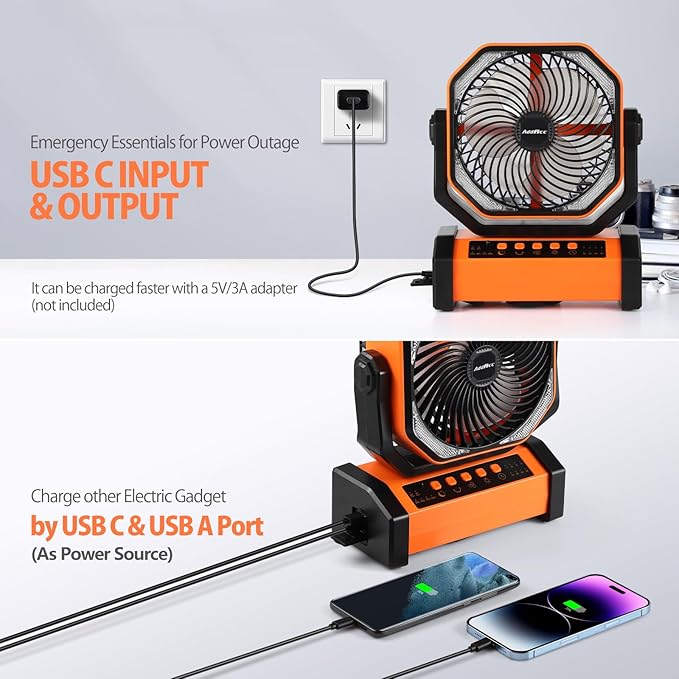 20000mAh Rechargeable Camping Fan - Battery Operated Fan with Light & Remote, Auto Oscillating, 4 Timer, 60 Hrs Work Cordless Tent Fan for Travel Outdoor RV Garage Power Outage Emergency