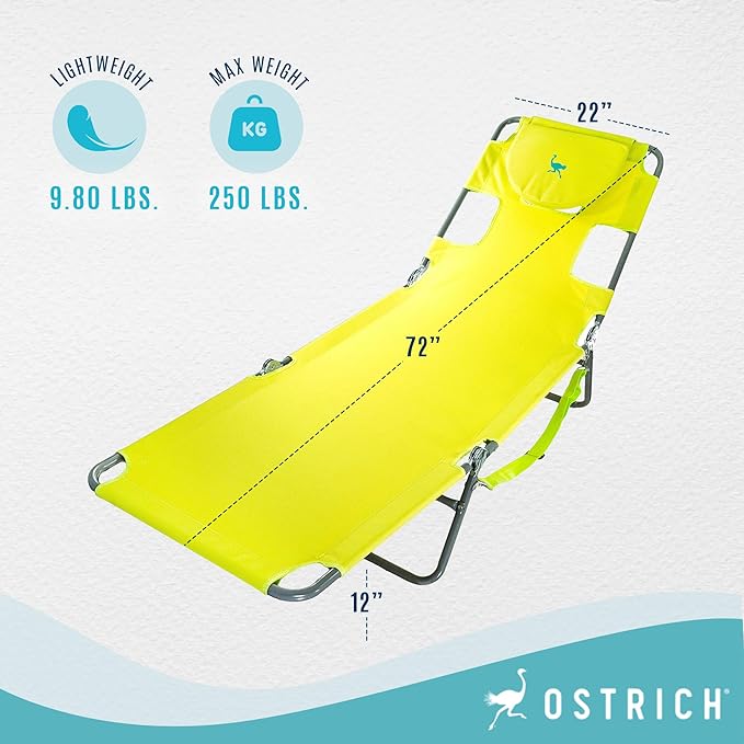 Ostrich Chaise Lounge Outdoor Portable Folding 3 Position Chair for Beach, Patio, Camp, and Pool with Carrying Strap, Neon Green (3 Pack)