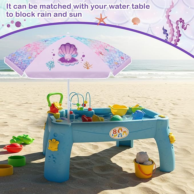 Sweetude Water Table Umbrella (Table Not Included), Kids Seaside Beach Umbrella Picnic Canopy for Summer Toddlers Sand Beach Camping Garden Outdoor Pool Shade Party Supply(Mermaid Theme)