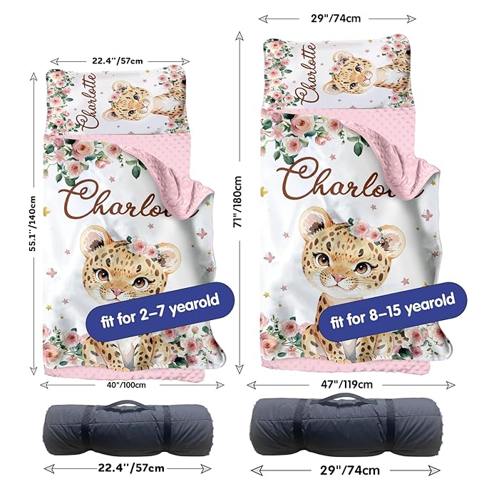 Custom Toddler Nap Mat for Preschool, Personalized Name Kids Sleeping Bag with Foral Leopard Design for Daycare, Roll Up Sleeping Mat with Removable Pillow and Soft Dot Minky Blanke for Girls Camping