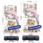 Custom Toddler Nap Mat for Preschool, Personalized Name Kids Sleeping Bag with Foral Leopard Design for Daycare, Roll Up Sleeping Mat with Removable Pillow and Soft Dot Minky Blanke for Girls Camping