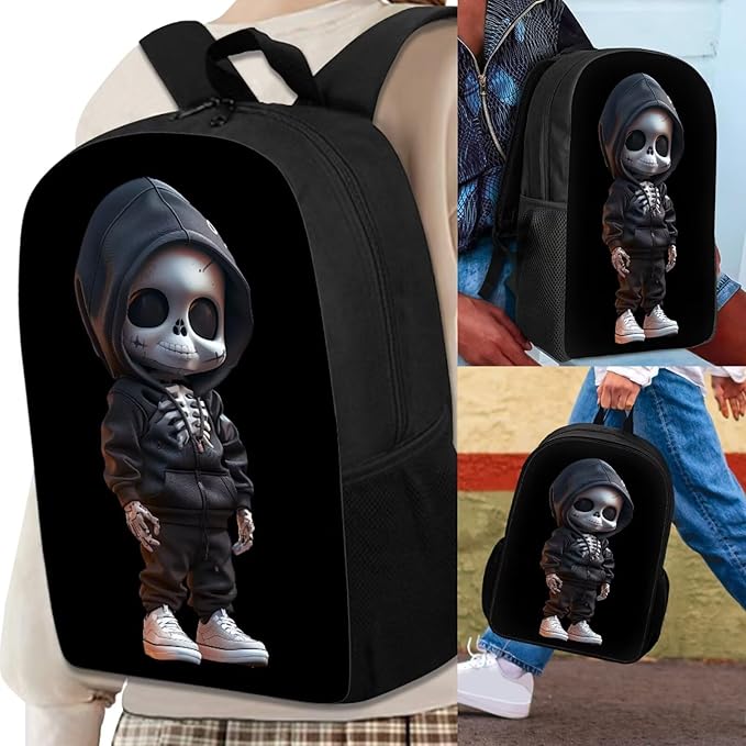 Black Skull Backpack for Teen Boys 3 Pieces Cute Lightweight Bookbag for Boys 8-12 17 Inch Large Capacity Teens School Bag and Lunch Kit for Back to School Travel Hiking Rucksack