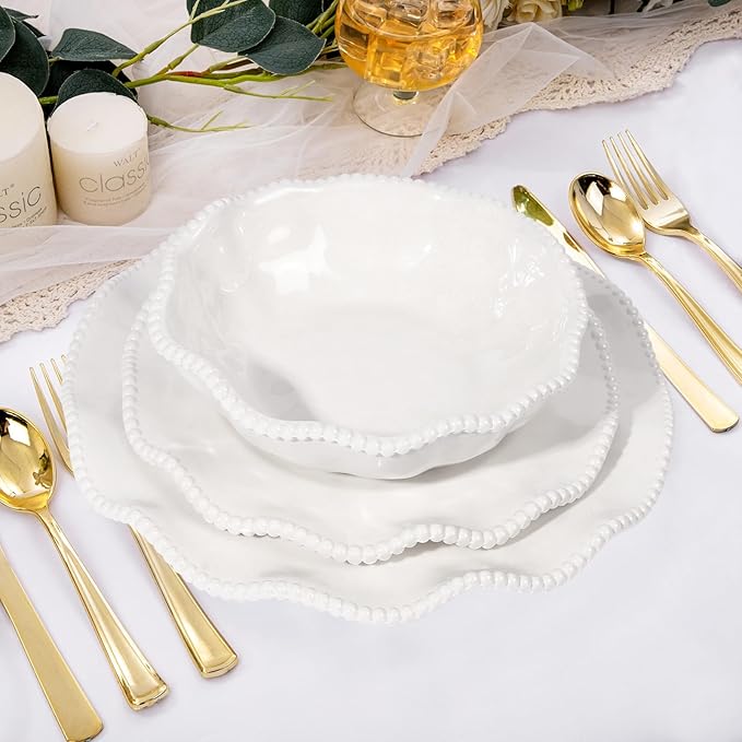 Melamine Dinnerware Sets Service for 4, Cream Plates and Bowls Set with Beaded Edge, BPA Free Dishwasher Safe, Heavy Duty Shatterproof Unbreakable Tableware for Wedding Party Camping Outdoor