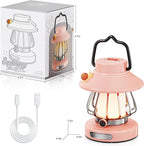 HOMY Pink Retro Kids Camping Lantern, 3-Color Dimmable Portable LED Night Light with Handle, Vintage Decorative Lamp for Toddlers, Gift for Tent, Backyard & Indoor Play