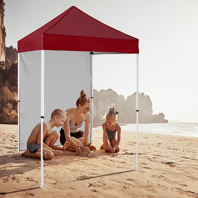 5x5 Pop Up Canopy Tent with One Sidewall, Instant Portable Beach Canopy, Outdoor Tent with Carry Bag for Camping, Sports, Tailgating, Events, Burgundy