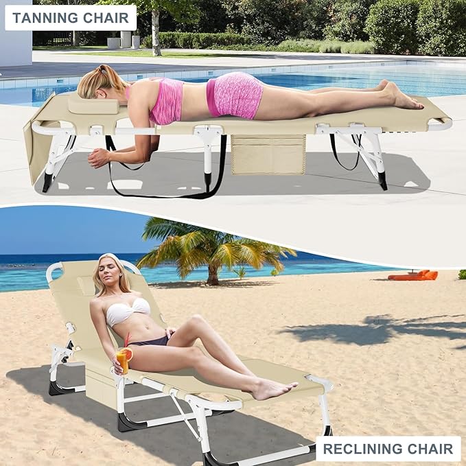Slsy Face Down Folding Lounge Chairs Outdoor, Adjustable Sleeping Cot Chair, Portable Folding Bed Cot Chaise Lounge Chairs for Outside Beach Lawn Camping Pool Sun Tanning