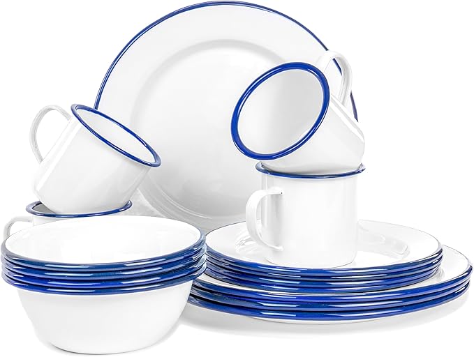 Red Co. 16-Piece Enamelware Metal Dinnerware Set for 4, Solid White/Navy Blue Rim
