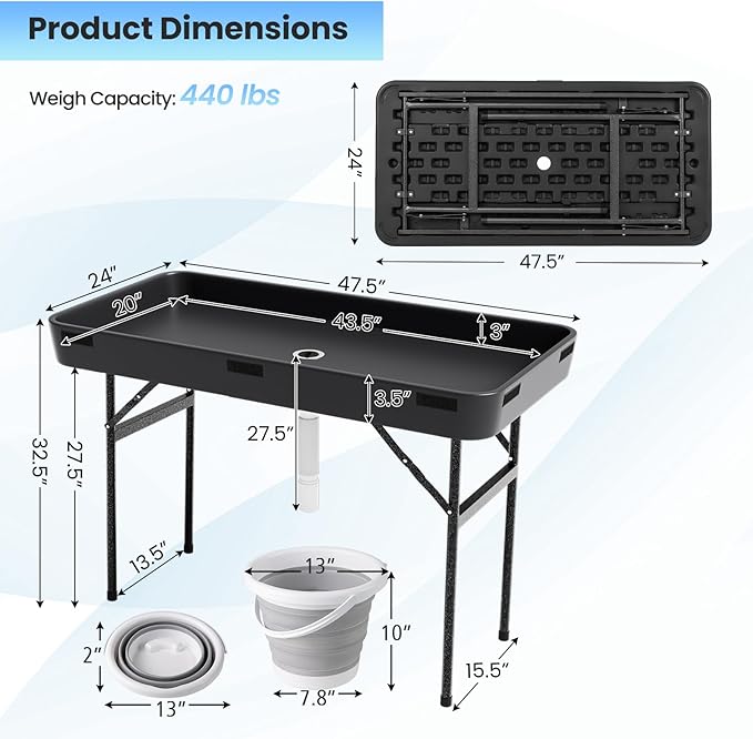 KOTEK Folding Ice Cooler Table with Matching Skirt, Drain Hose & Bucket, Foldable Buffet Beverage Cooler Server, Portable Chill Table for Party, Picnic, BBQ, Camping (Black)